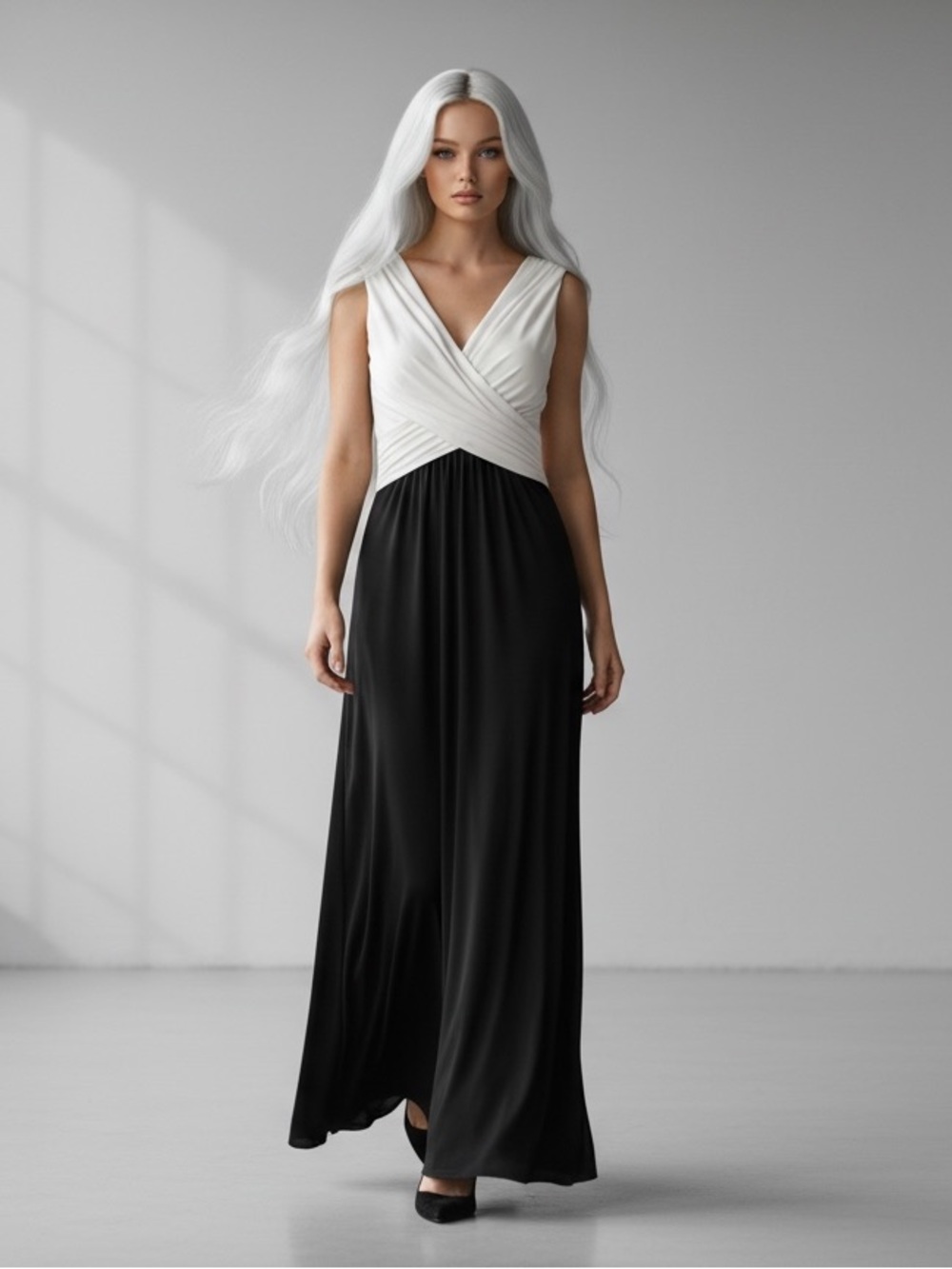 Oblique Two-Tone Pleated Maxi Gown | Black & Off-White | Size 14